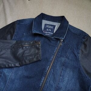 Womens Silver Jeans Co. Denim Jacket Fuax Leather Sleeves Moto Biker XL